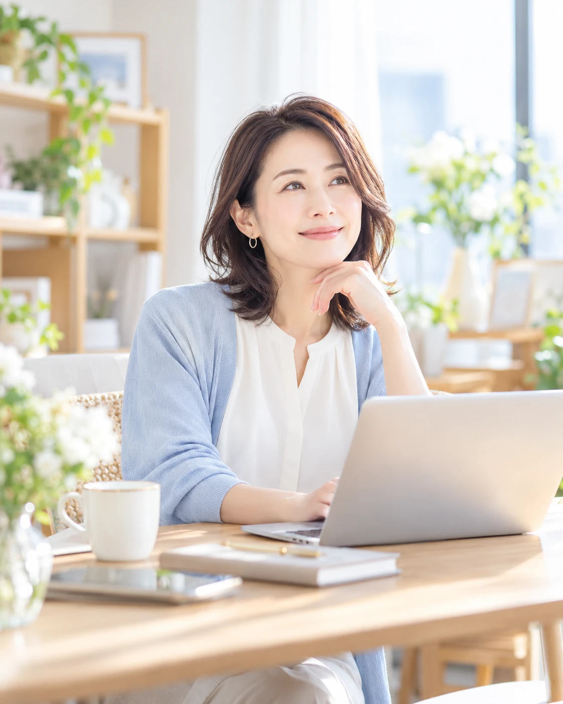 自宅のリビングで、笑顔でノートパソコンに向かう女性